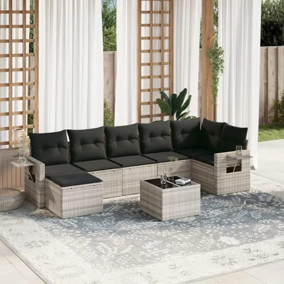 Havesofasæt 8 dele i polyrattan - lysegrå med hynder