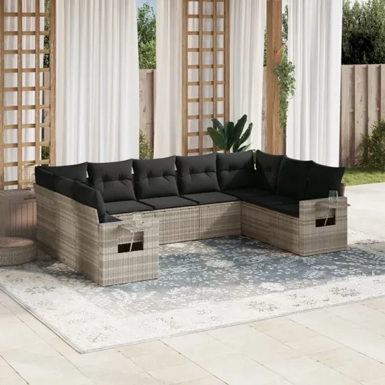 Havesofasæt 9 dele i polyrattan lysegrå m. hynder