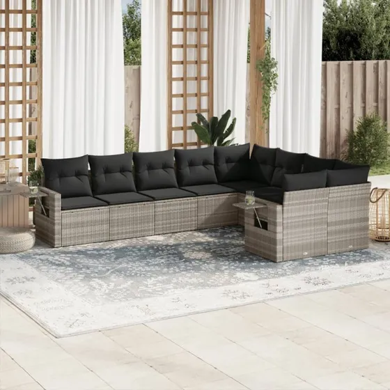 Havesofasæt 9 dele i polyrattan lysegrå med hynder