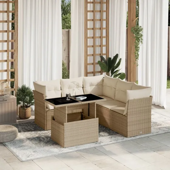 Havesæt 6 dele i polyrattan med hynder - beige