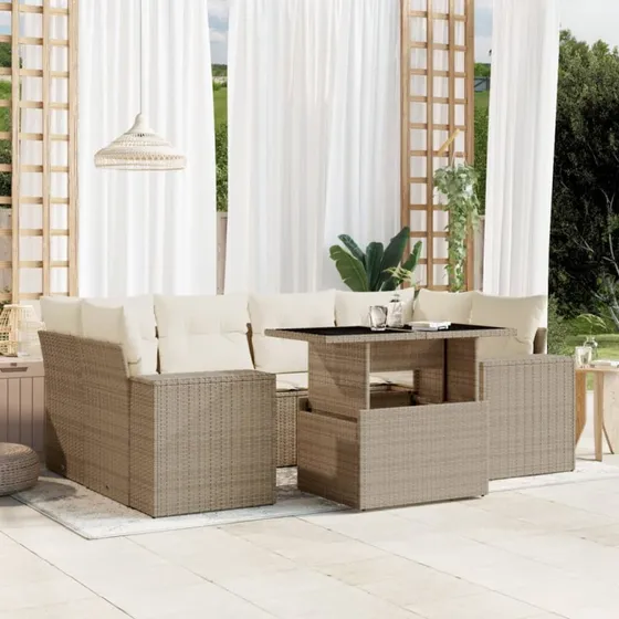 Havesæt 7 dele i polyrattan med hynder – beige