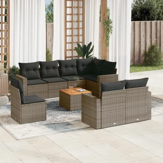 Sofasæt til haven 9 dele i grå polyrattan med hynder