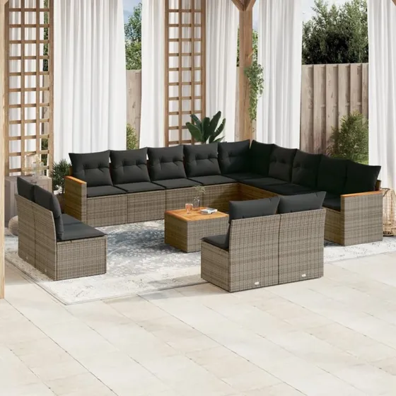 Havesofasæt 14 dele i polyrattan med hynder, grå