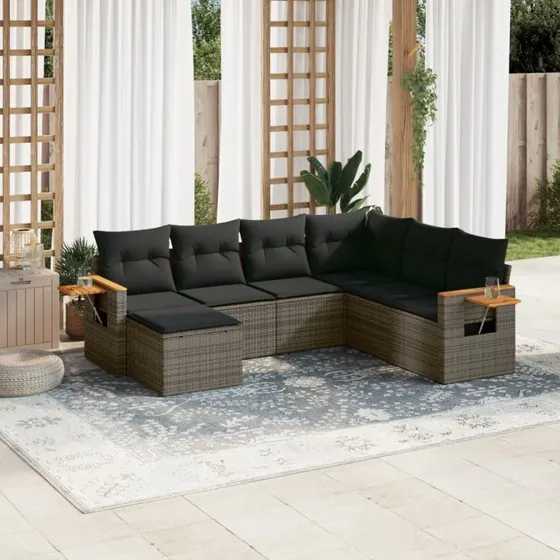 Havesofa 7-del sæt i grå polyrattan med hynder