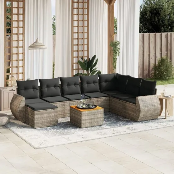 Havesofasæt 9 dele i grå polyrattan med hynder