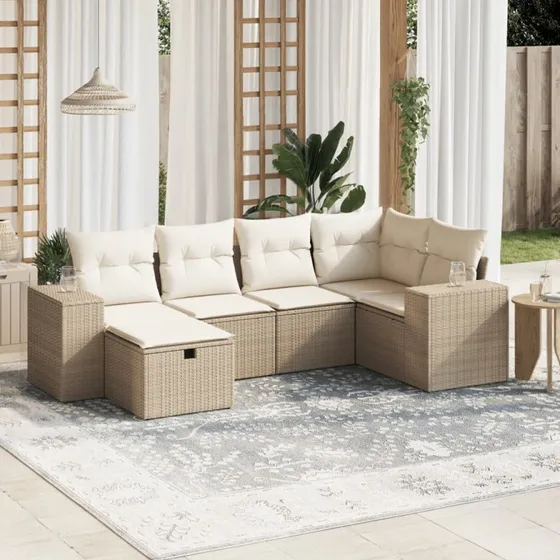 Havesofasæt 6 dele i beige polyrattan m. hynder