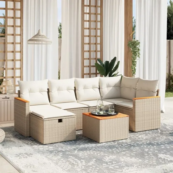 7-delt havemøbelsæt i polyrattan med hynder, beige