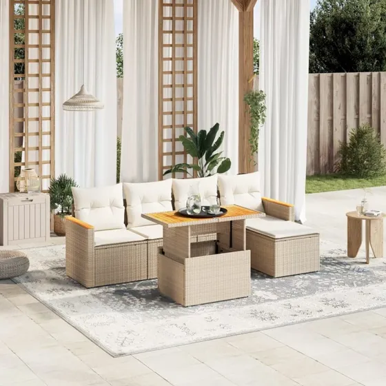 Havesæt 6 dele i polyrattan med hynder – beige