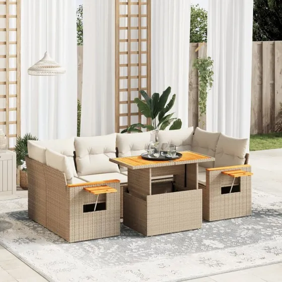 Havesofasæt 7 dele i polyrattan - beige