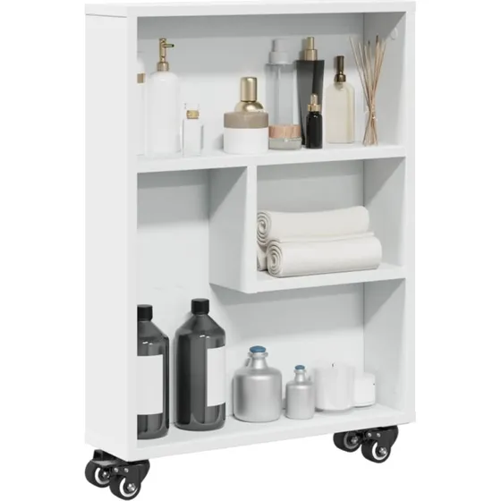 Smal opbevaringsvogn i hvidt konstrueret træ 48x13x68 cm