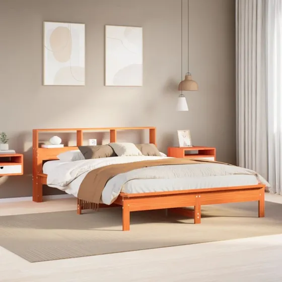 Seng med bogreol 120x190 cm i massivt fyrretræ, gyldenbrun