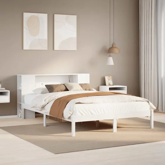 Seng med reol 120x200 cm i massivt fyrretræ, hvid
