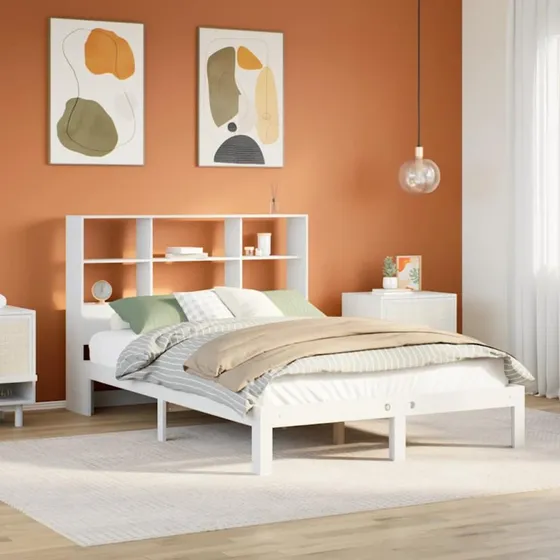 Seng med reol 160x200 cm i massivt fyrretræ - hvid
