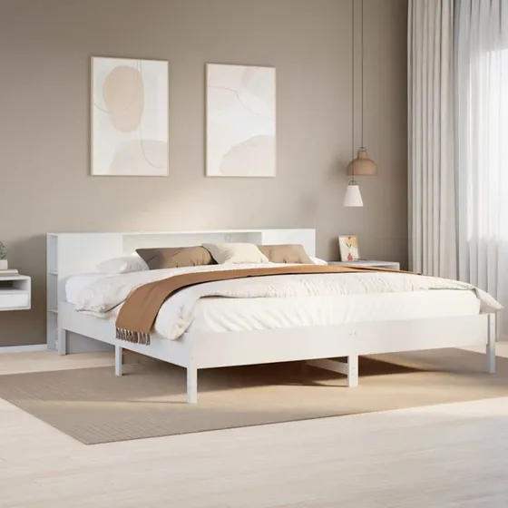 Seng 200x200 cm med bogreol, massivt fyrretræ hvid