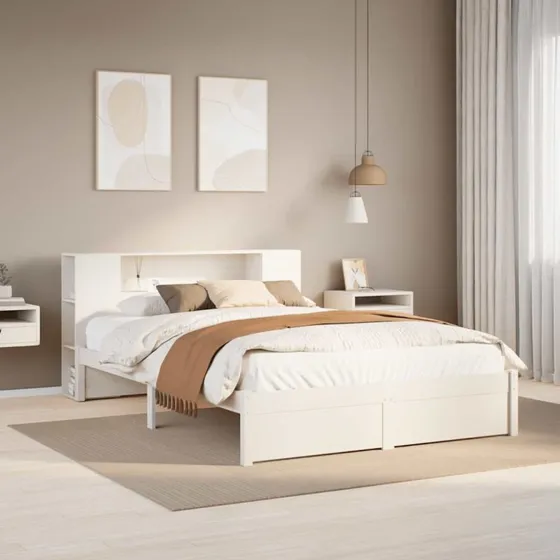 Seng med reol 160x200 cm i massivt fyrretræ, hvid