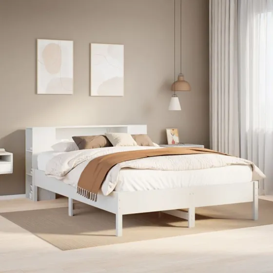 Seng med bogreol 150x200 cm i massivt fyrretræ, hvid