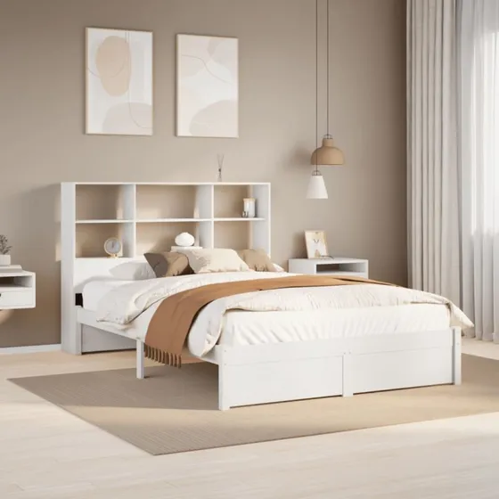 Seng med reol 160x200 cm i massivt fyrretræ – hvid (uden madras)