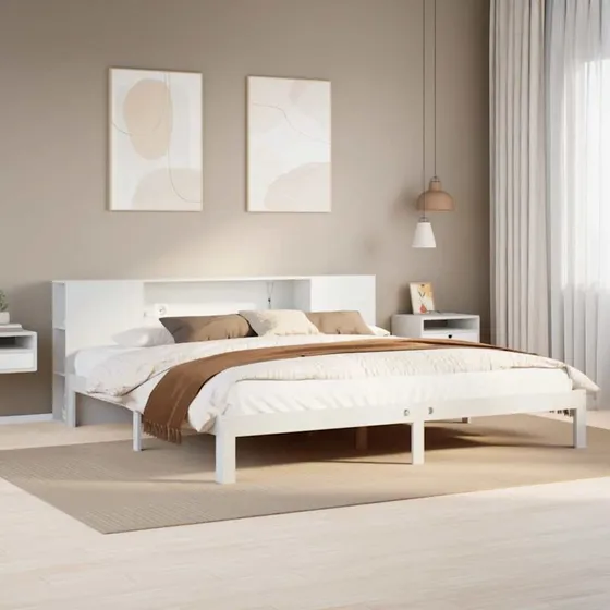 Seng med reol 200x200 cm i massivt fyrretræ, hvid
