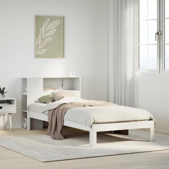 Seng med reol 90x190 cm i massivt fyrretræ, hvid
