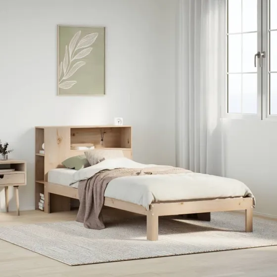 Seng 90x200 cm i massivt fyrretræ med reol – uden madras