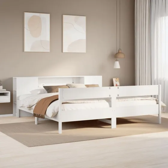Seng med reol 200x200 cm i massivt fyrretræ, hvid