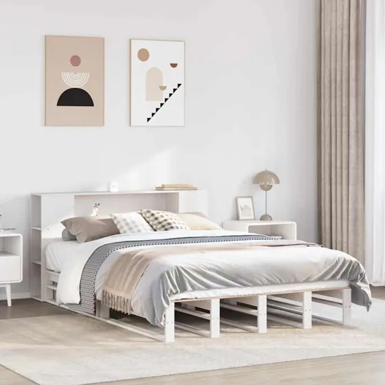 Seng med reol 140x200 cm i massivt fyrretræ, hvid