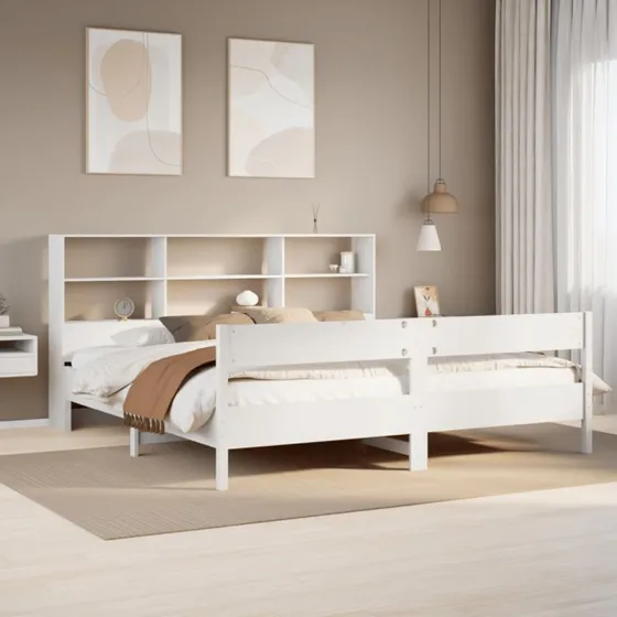 Seng med bogreol 180x200 cm i massivt fyrretræ, hvid