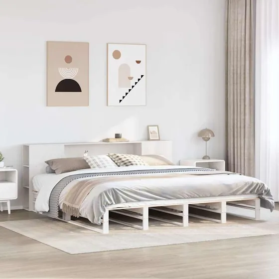 Seng med reol 200x200 cm i massivt fyrretræ, hvid (uden madras)
