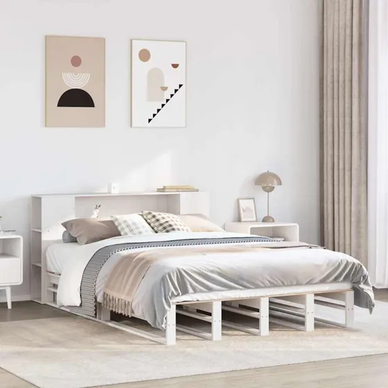 Seng med reol 140x190 cm i massivt fyrretræ, hvid