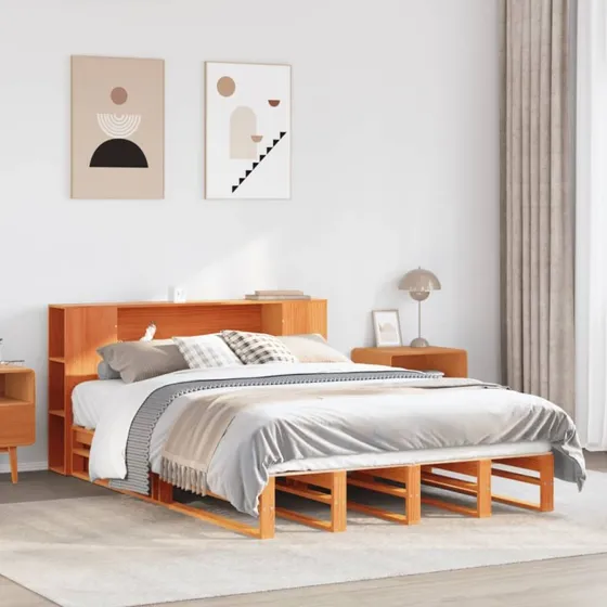 Seng med reol 140x190 cm i massivt fyrretræ - gyldenbrun