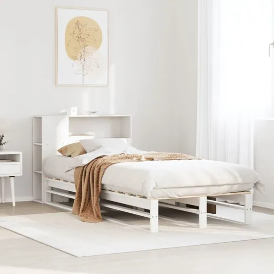 Seng 90x200 i massivt fyrretræ med reol, hvid