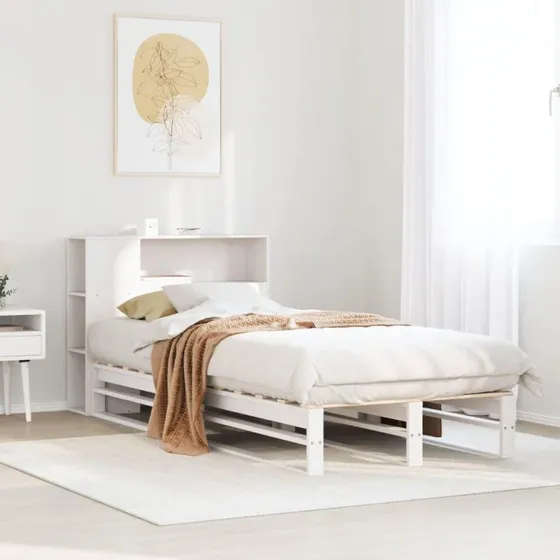 Seng med reol 90x190 cm i massivt fyrretræ, hvid (uden madras)