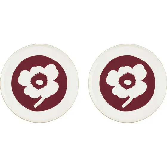 Marimekko Oiva Unikko tallerken 25 cm, 2-pak (hvid/cherry)