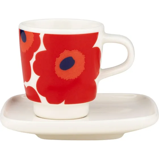 Marimekko Unikko espressokop m. underkop, 2 stk, rd/hvid/bl