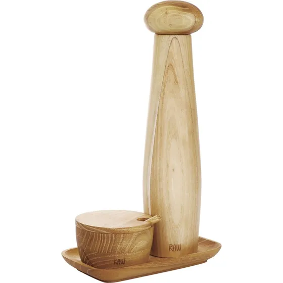 Aida RAW Kværnset i teak – peberkværn, saltskål & bakke