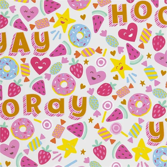 Gavepapir Lys Turkis - Slik, Frugt & Donuts 50 cm x 100 m