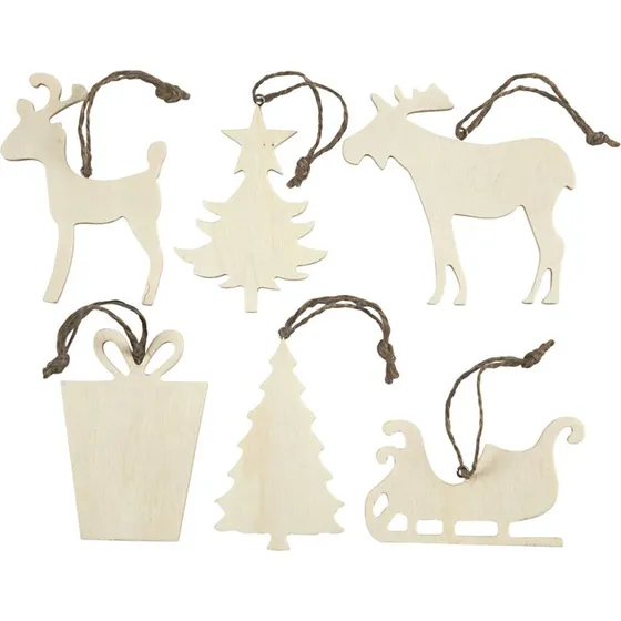 Juleophæng i lyst træ 6 stk. – 7–9 cm, 4 mm