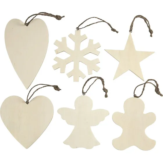 Juleophæng i lyst træ, 6 stk - 9-11 cm, 4 mm
