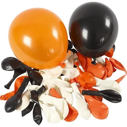 Runde balloner 23–26 cm, sort/orange/hvid, 100 stk