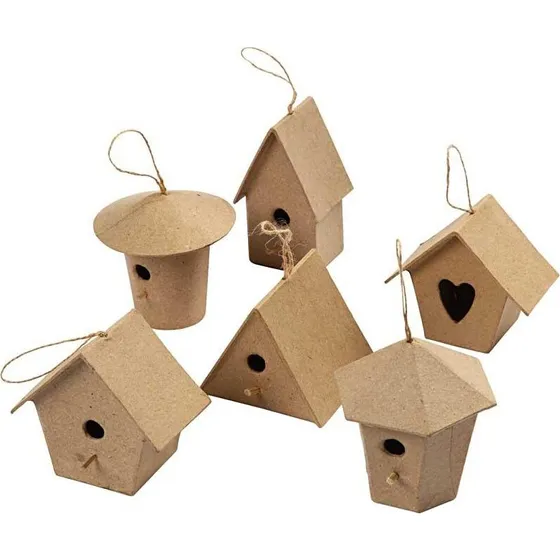 Mini fuglehuse i papmaché, 6 stk. (H 7 cm)