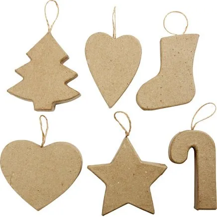 Håndlavede juleophæng i papmaché, 6 stk. (7+8 cm)