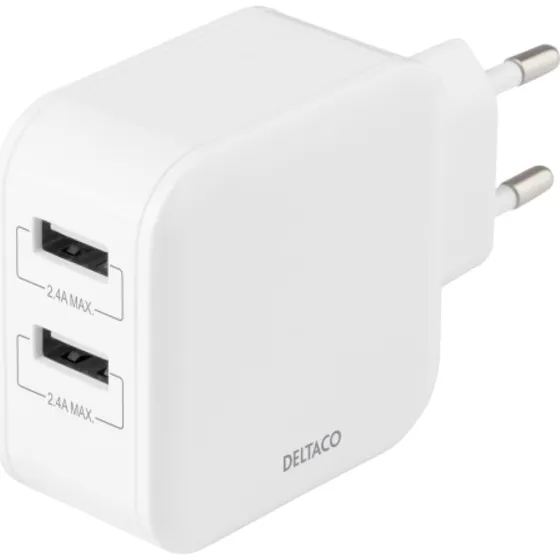 Deltaco USB-vægoplader 24W – 2x USB-A, 4,8A, hvid