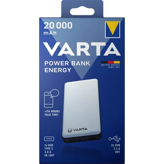VARTA Energy Powerbank 20.000 mAh - 15W, USB-C, Hvid