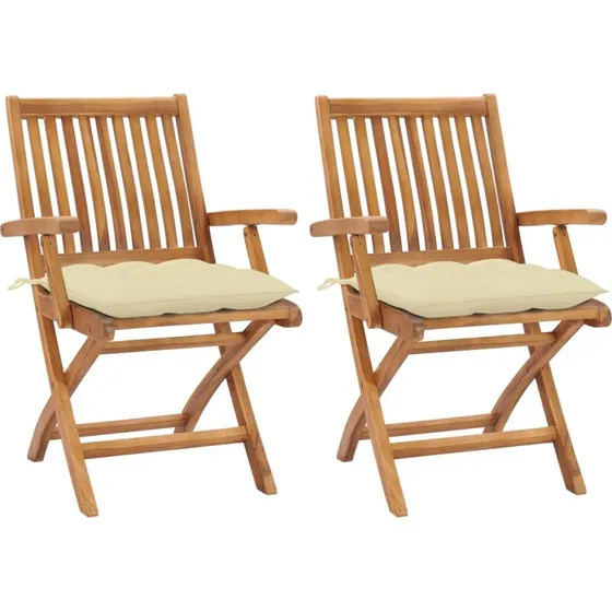 Havestole i massivt teak 2 stk. med cremehvide hynder