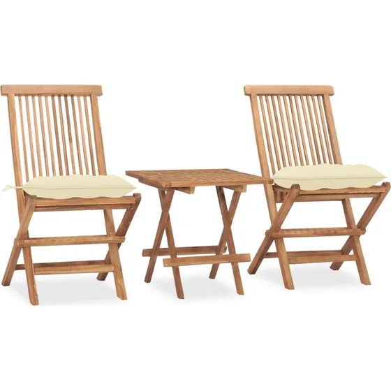 Foldbart udendørs spisebordssæt i massivt teak (3 dele + hynde)