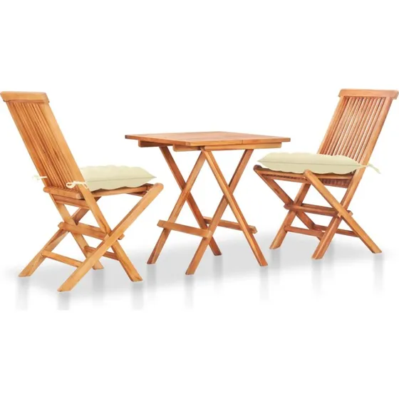 Bistrosæt 3 dele i massivt teak med cremehynder
