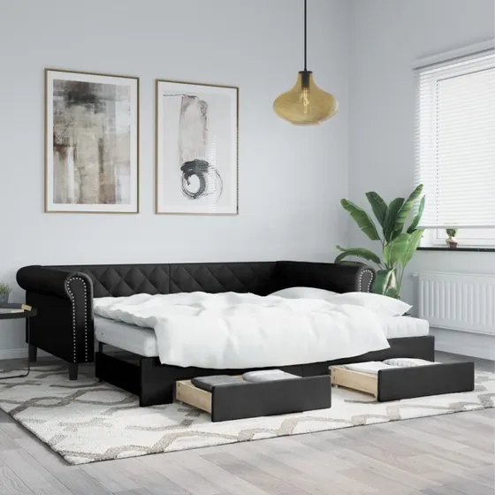 Daybed med udtræk & skuffer 90x200 cm kunstlæder - Sort