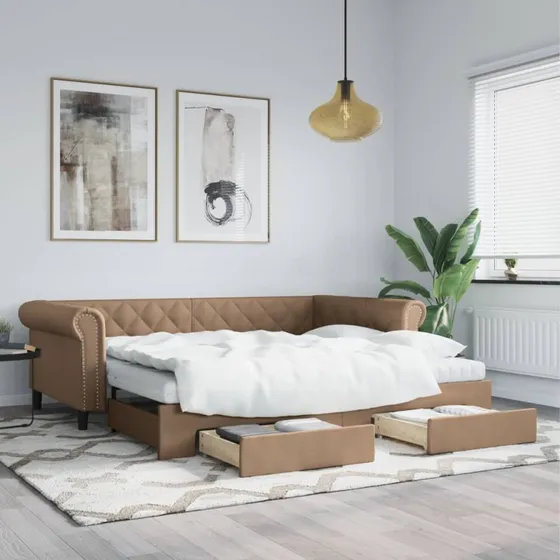 Daybed med udtræk & skuffer 90x200 cm – kunstlæder cappuccino