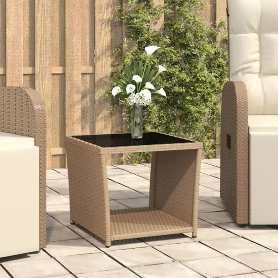 Havebord i polyrattan med hærdet glas – beige