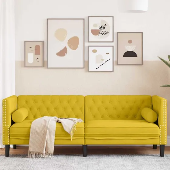 3-personers Chesterfield-sofa i gul fløjl med bolsterpuder